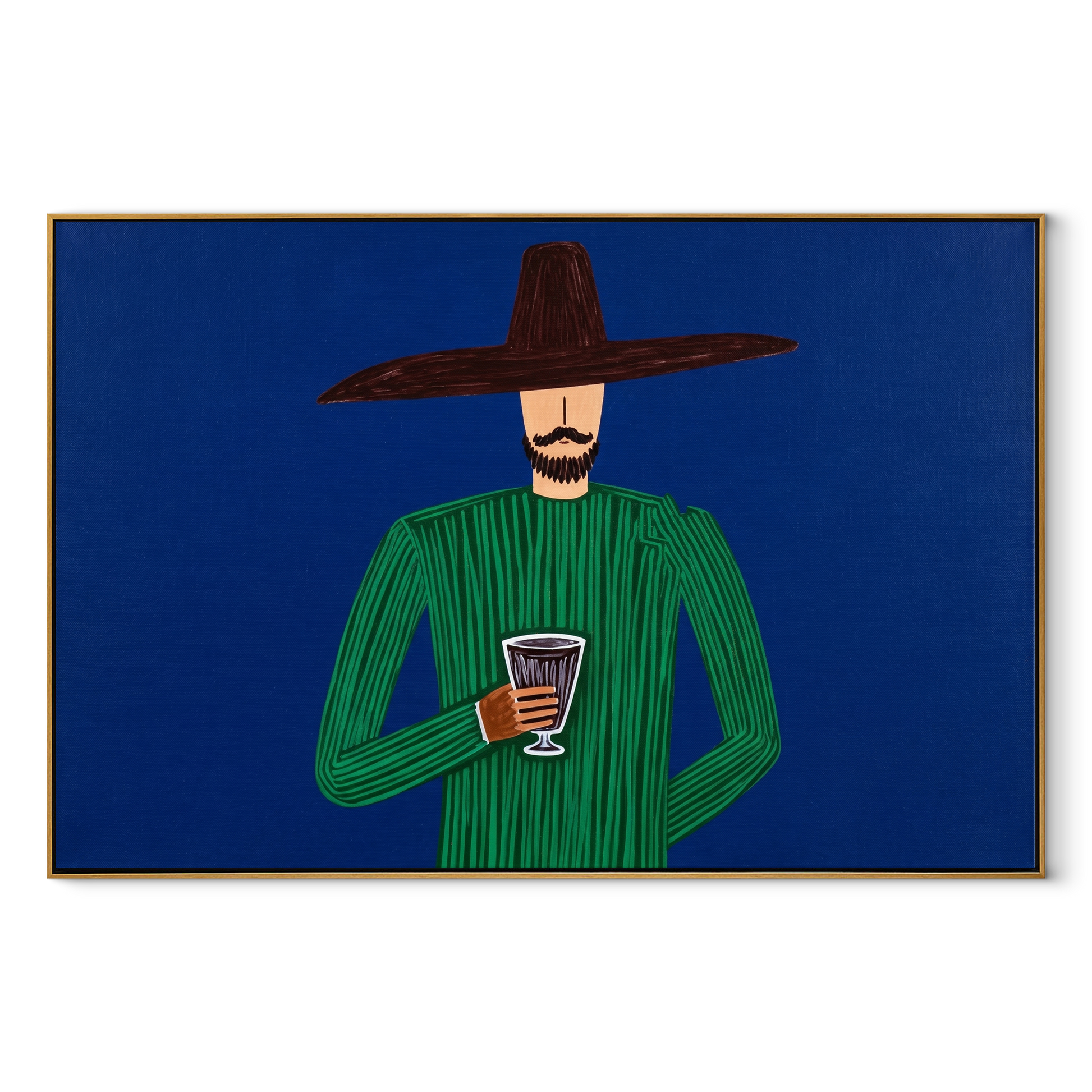 Green Hour Holds a Drink - Green Figure with Glass painting by Adrian Lee, mid-century modern horizontal wall art – wood frame on white background