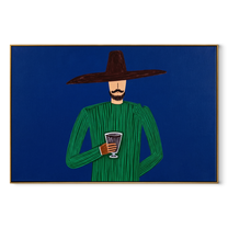Green Hour Holds a Drink - Green Figure with Glass painting by Adrian Lee, mid-century modern horizontal wall art – wood frame on white background