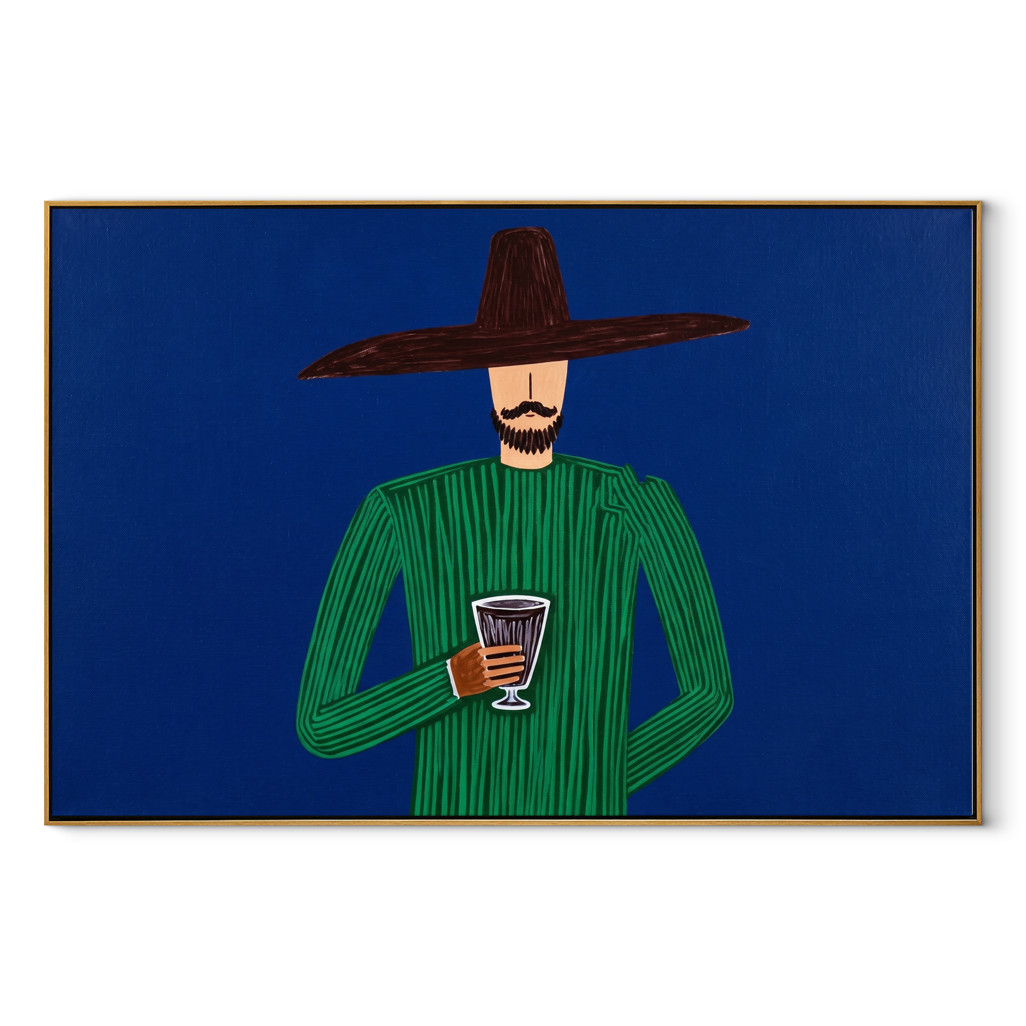 Green Hour Holds a Drink - Green Figure with Glass painting by Adrian Lee, mid-century modern horizontal wall art – wood frame on white background