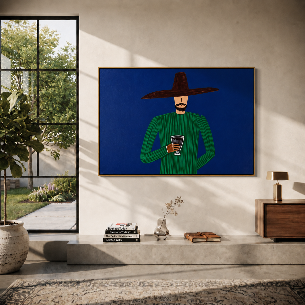 Green Hour Holds a Drink - Green Figure with Glass painting by Adrian Lee, mid-century modern horizontal wall art – styled room scene view 2