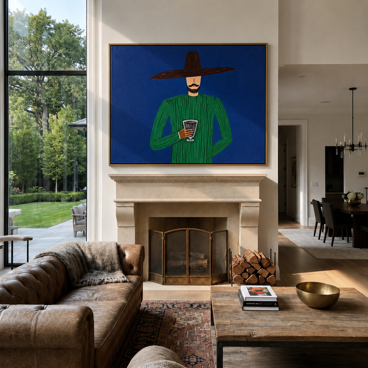 Green Hour Holds a Drink - Green Figure with Glass painting by Adrian Lee, mid-century modern horizontal wall art – styled room scene view 3