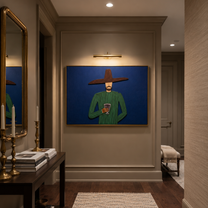 Green Hour Holds a Drink - Green Figure with Glass painting by Adrian Lee, mid-century modern horizontal wall art – styled room scene view 4