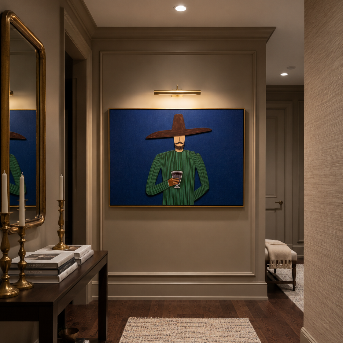 Green Hour Holds a Drink - Green Figure with Glass painting by Adrian Lee, mid-century modern horizontal wall art – styled room scene view 4