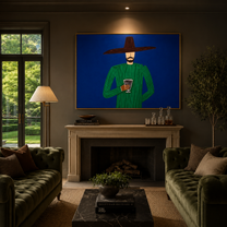 Green Hour Holds a Drink - Green Figure with Glass painting by Adrian Lee, mid-century modern horizontal wall art – styled room scene view 5