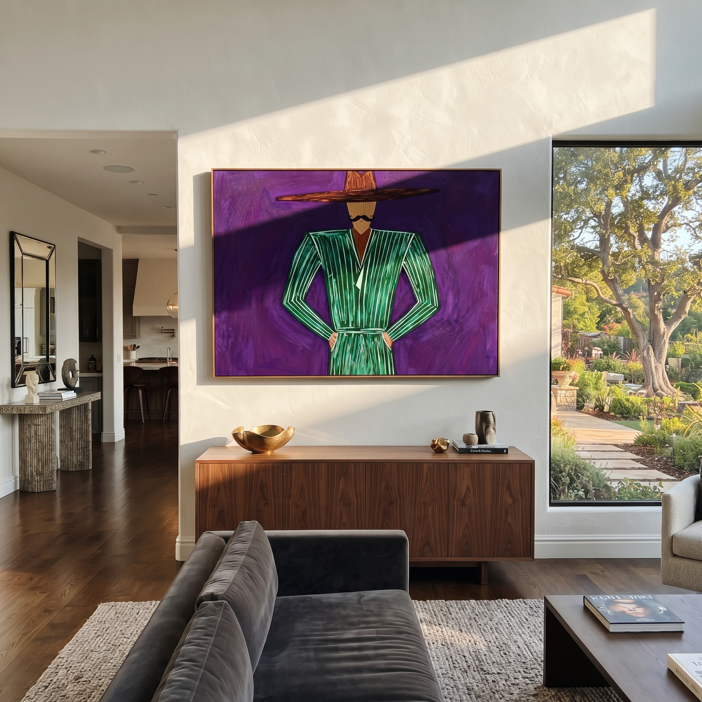 Emerald Lines Hold Violet - Green Hands on Hips Figure painting by Adrian Lee, mid-century modern horizontal wall art – styled room scene view 1