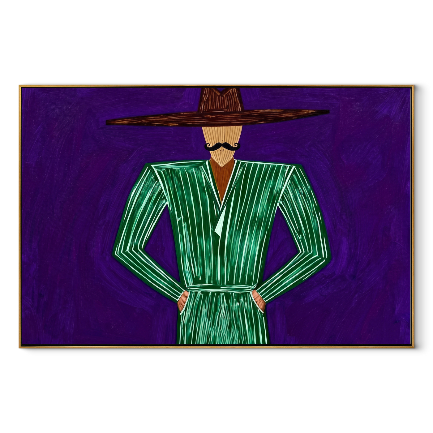 Emerald Lines Hold Violet - Green Hands on Hips Figure painting by Adrian Lee, mid-century modern horizontal wall art – wood frame on white background