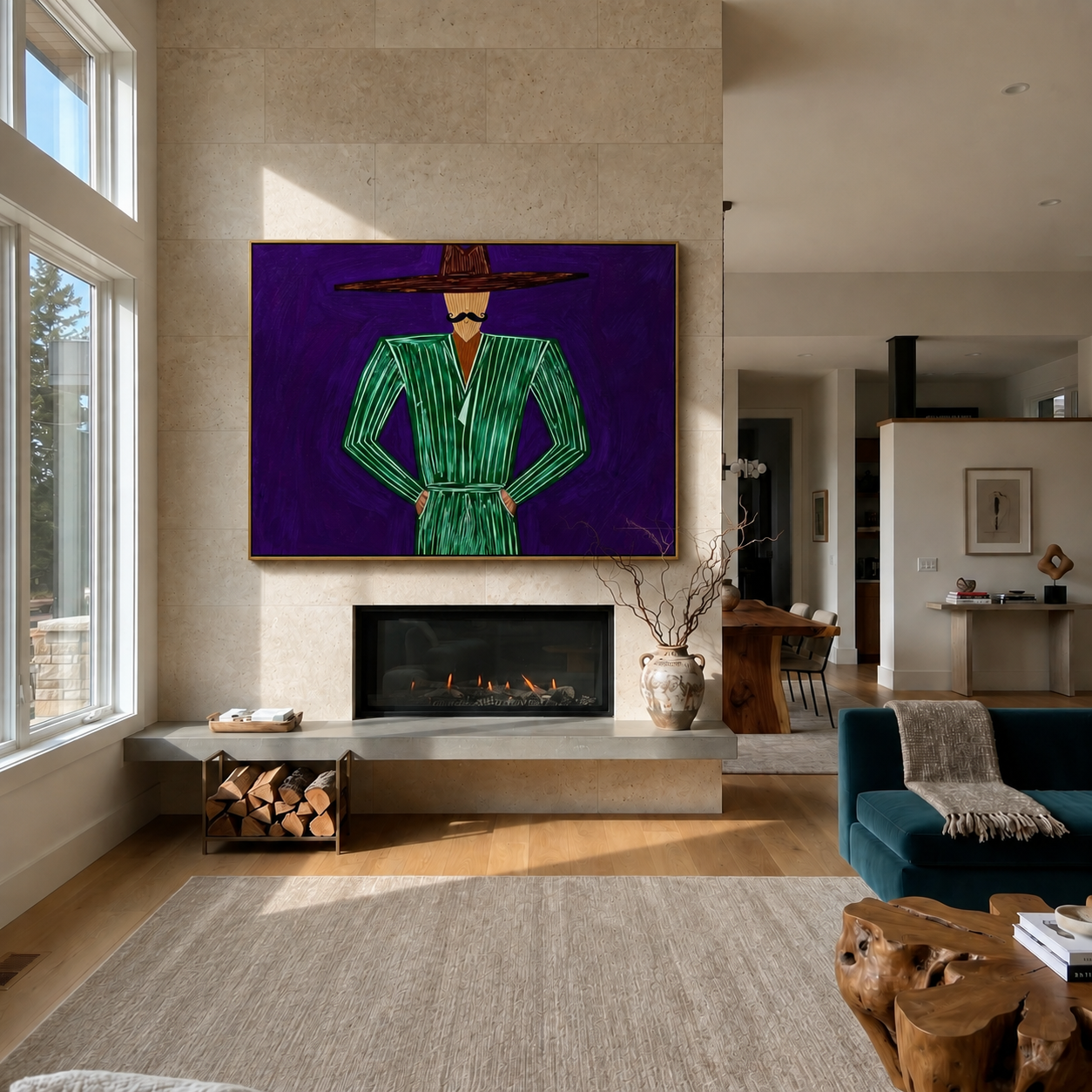 Emerald Lines Hold Violet - Green Hands on Hips Figure painting by Adrian Lee, mid-century modern horizontal wall art – styled room scene view 2