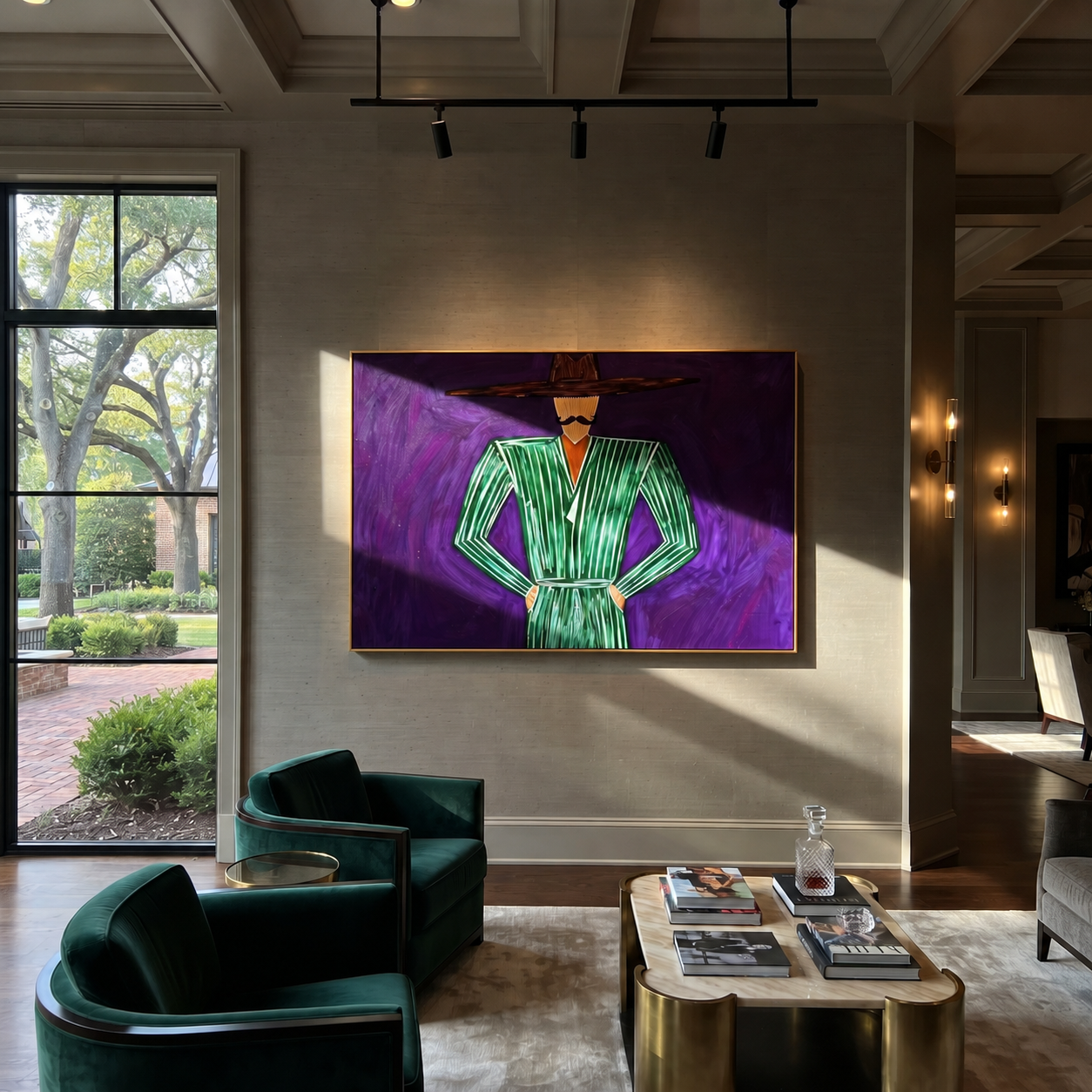 Emerald Lines Hold Violet - Green Hands on Hips Figure painting by Adrian Lee, mid-century modern horizontal wall art – styled room scene view 3