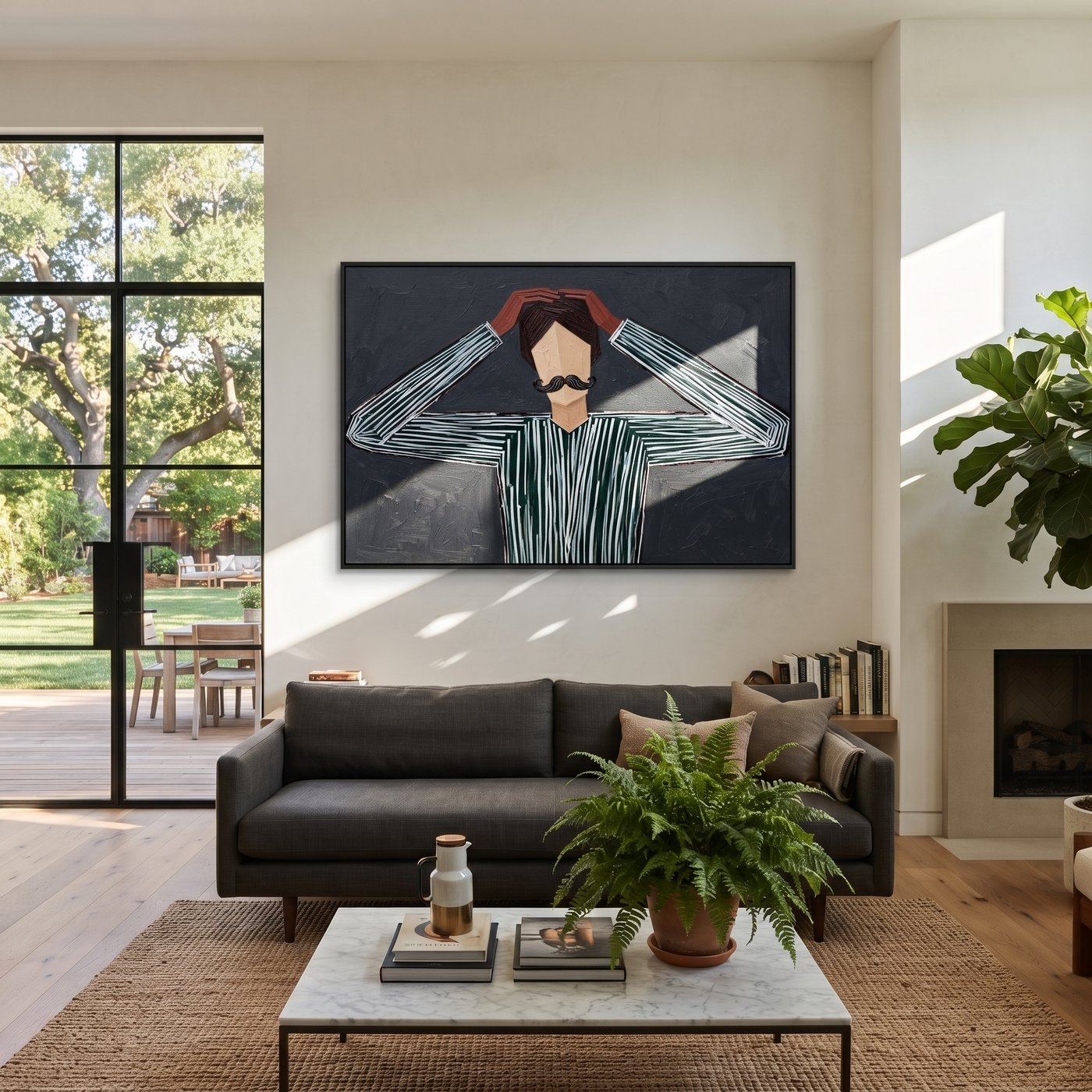 Gray Lines Adjust the Crown - Figure Holding Black Hat painting by Adrian Lee, mid-century modern horizontal wall art – styled room scene view 1