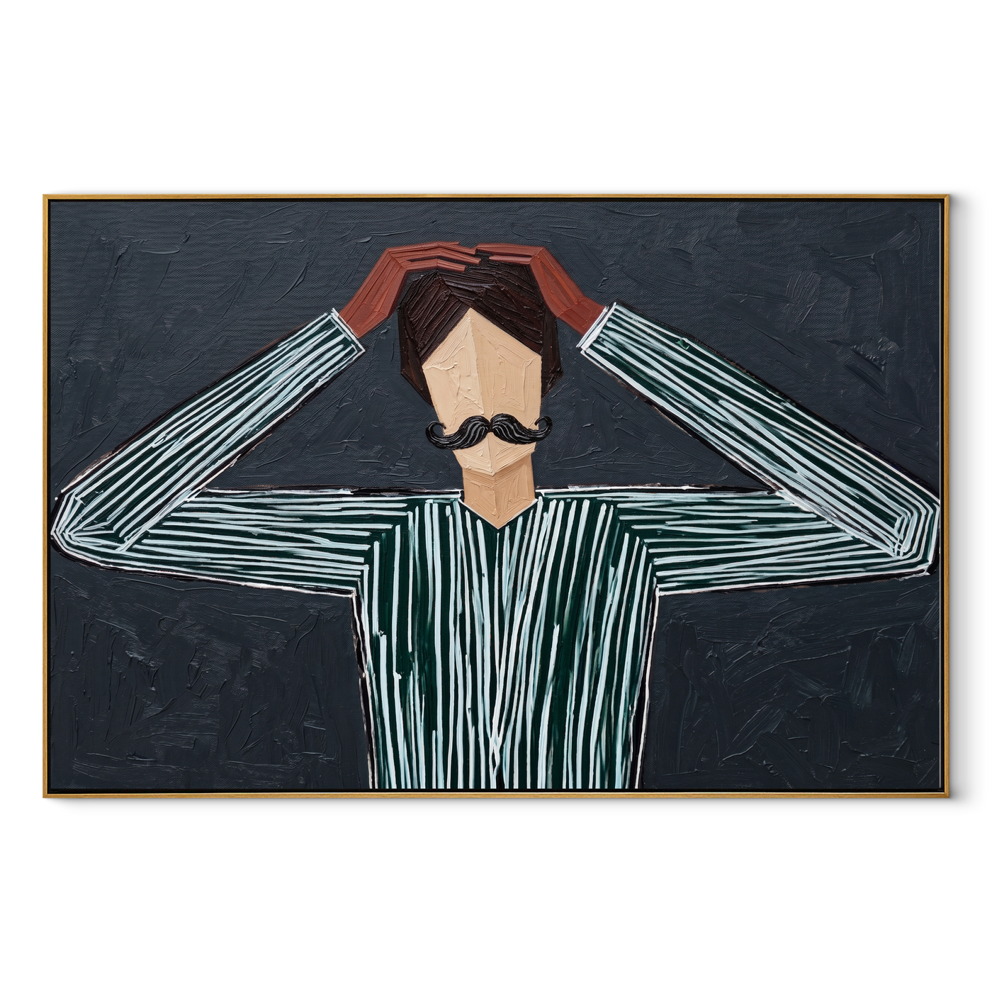 Gray Lines Adjust the Crown - Figure Holding Black Hat painting by Adrian Lee, mid-century modern horizontal wall art – wood frame on white background