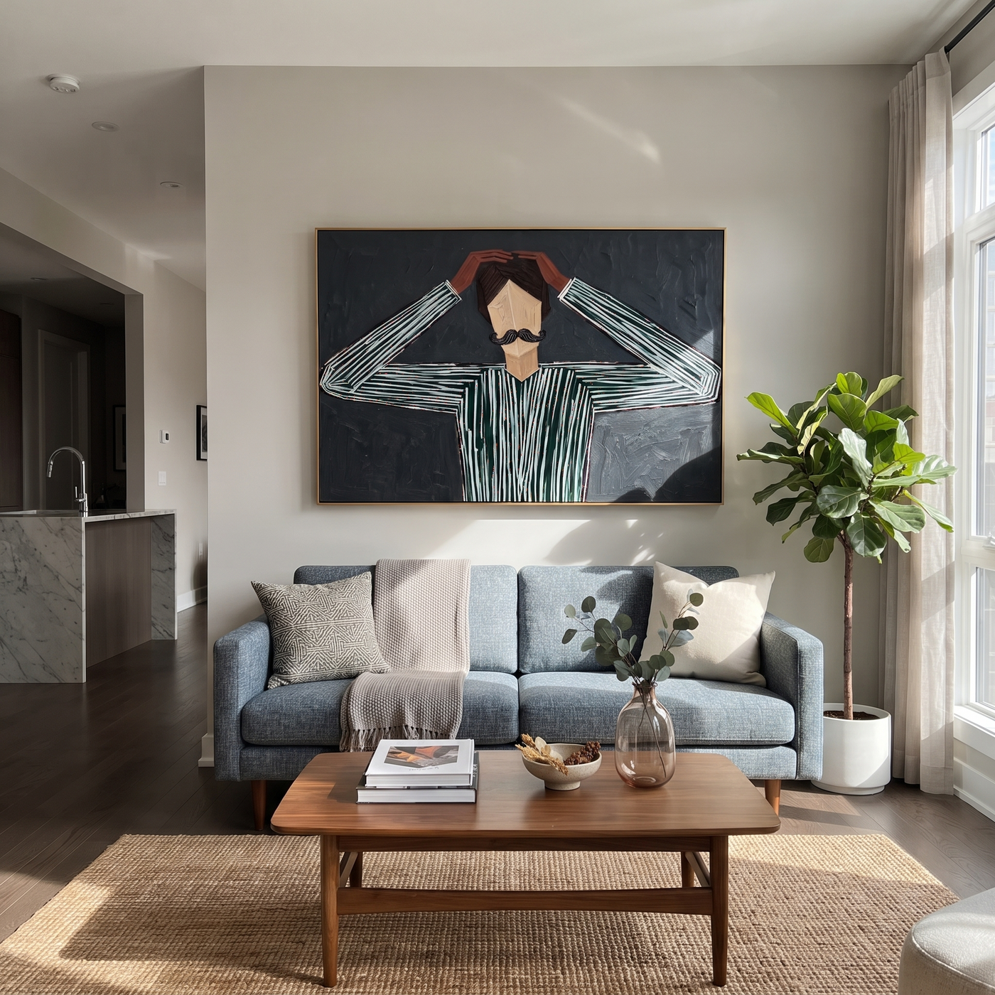Gray Lines Adjust the Crown - Figure Holding Black Hat painting by Adrian Lee, mid-century modern horizontal wall art – styled room scene view 2