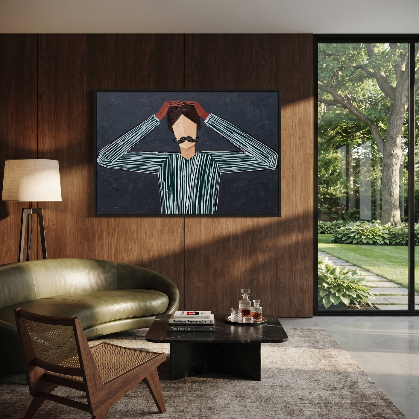 Gray Lines Adjust the Crown - Figure Holding Black Hat painting by Adrian Lee, mid-century modern horizontal wall art – styled room scene view 3