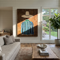 Blue Stripes Turn Away - Back View Blue Cowboy painting by Adrian Lee, mid-century modern vertical wall art – styled room scene view 1