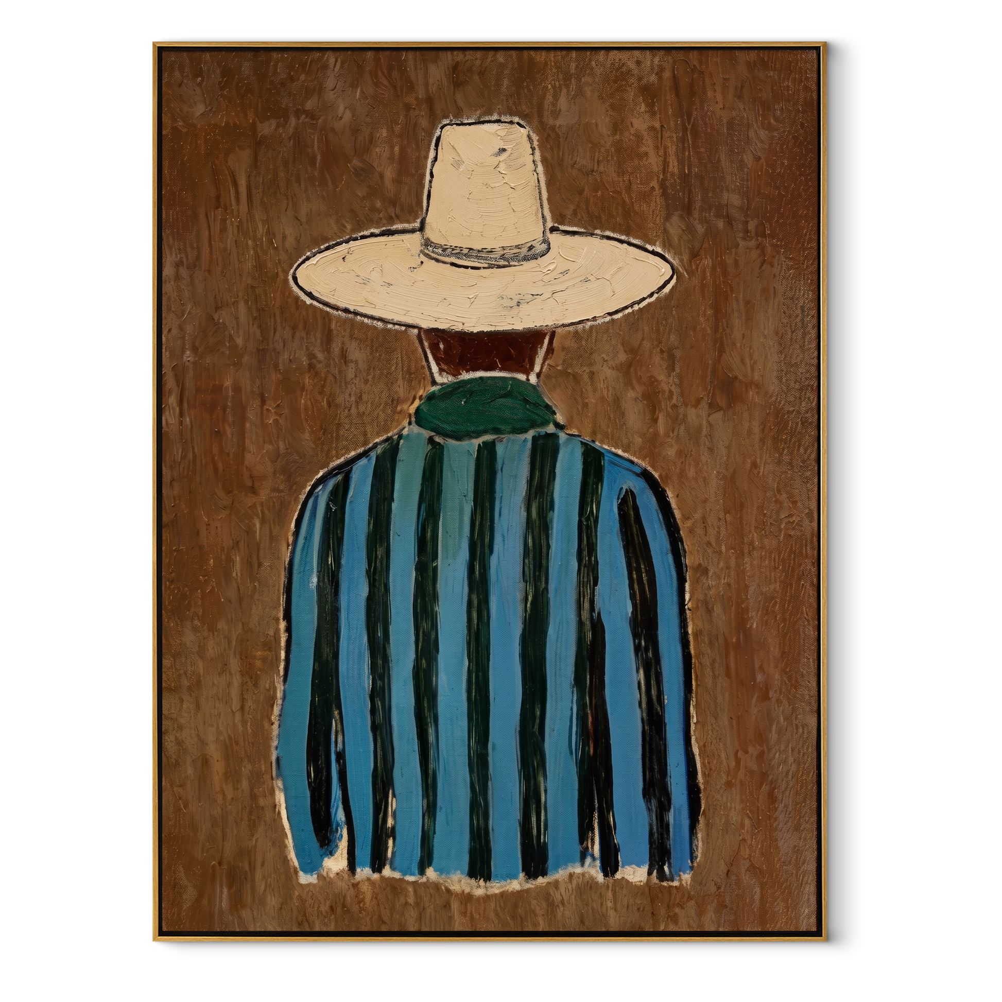 Blue Stripes Turn Away - Back View Blue Cowboy painting by Adrian Lee, mid-century modern vertical wall art – wood frame on white background