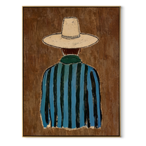 Blue Stripes Turn Away - Back View Blue Cowboy painting by Adrian Lee, mid-century modern vertical wall art – wood frame on white background