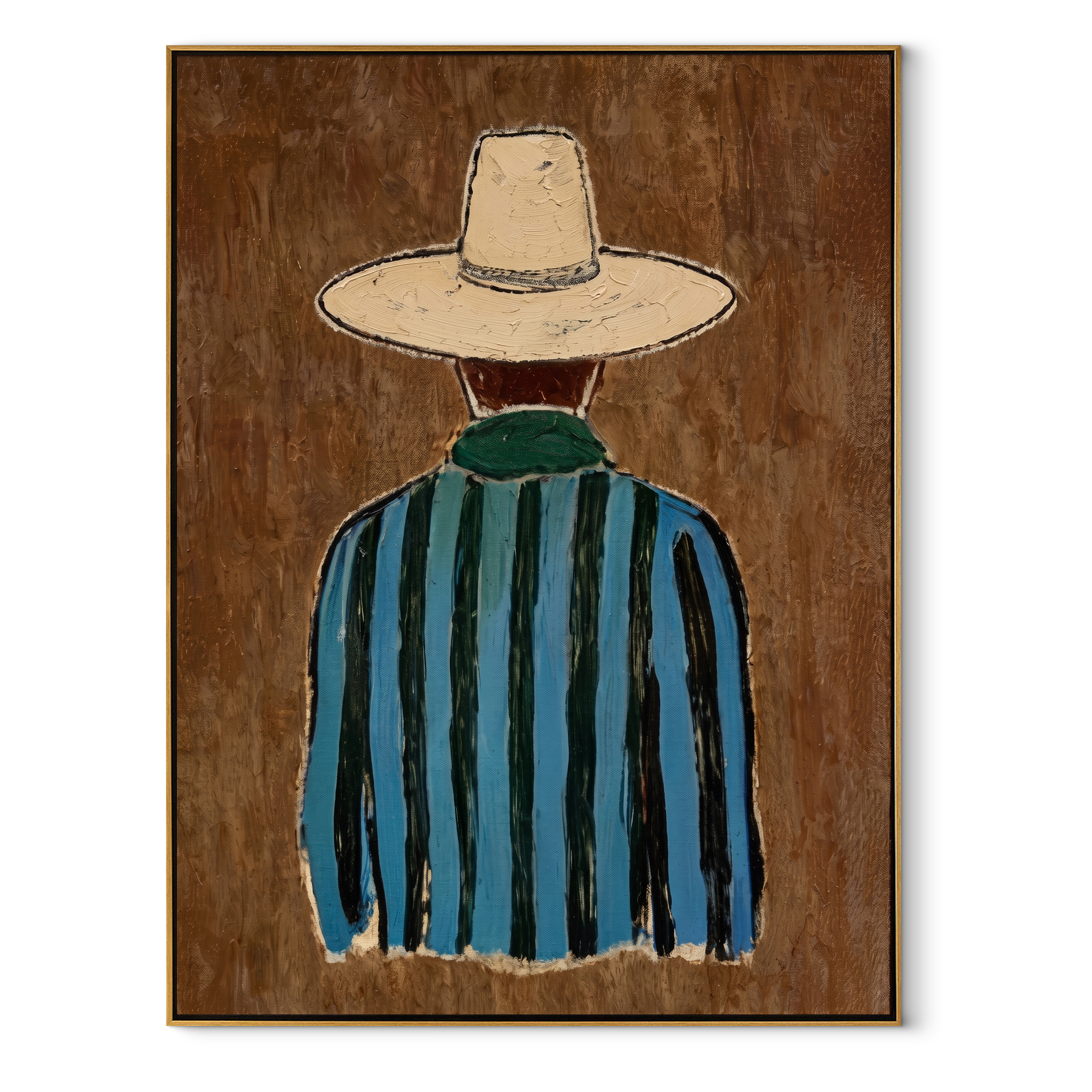 Blue Stripes Turn Away - Back View Blue Cowboy painting by Adrian Lee, mid-century modern vertical wall art – wood frame on white background