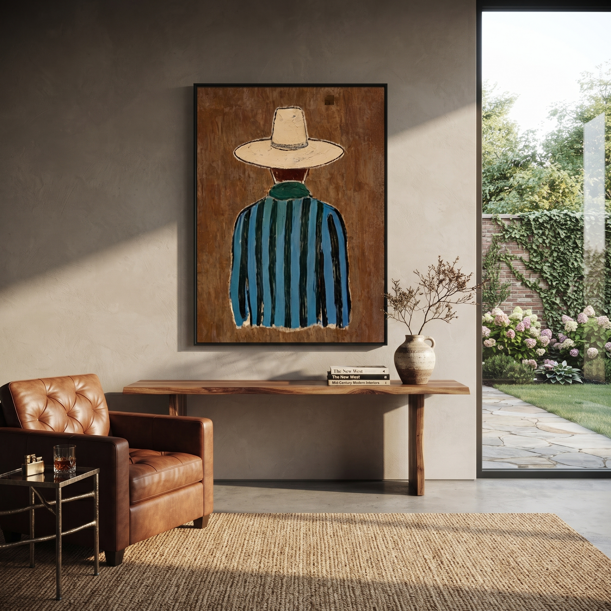 Blue Stripes Turn Away - Back View Blue Cowboy painting by Adrian Lee, mid-century modern vertical wall art – styled room scene view 2