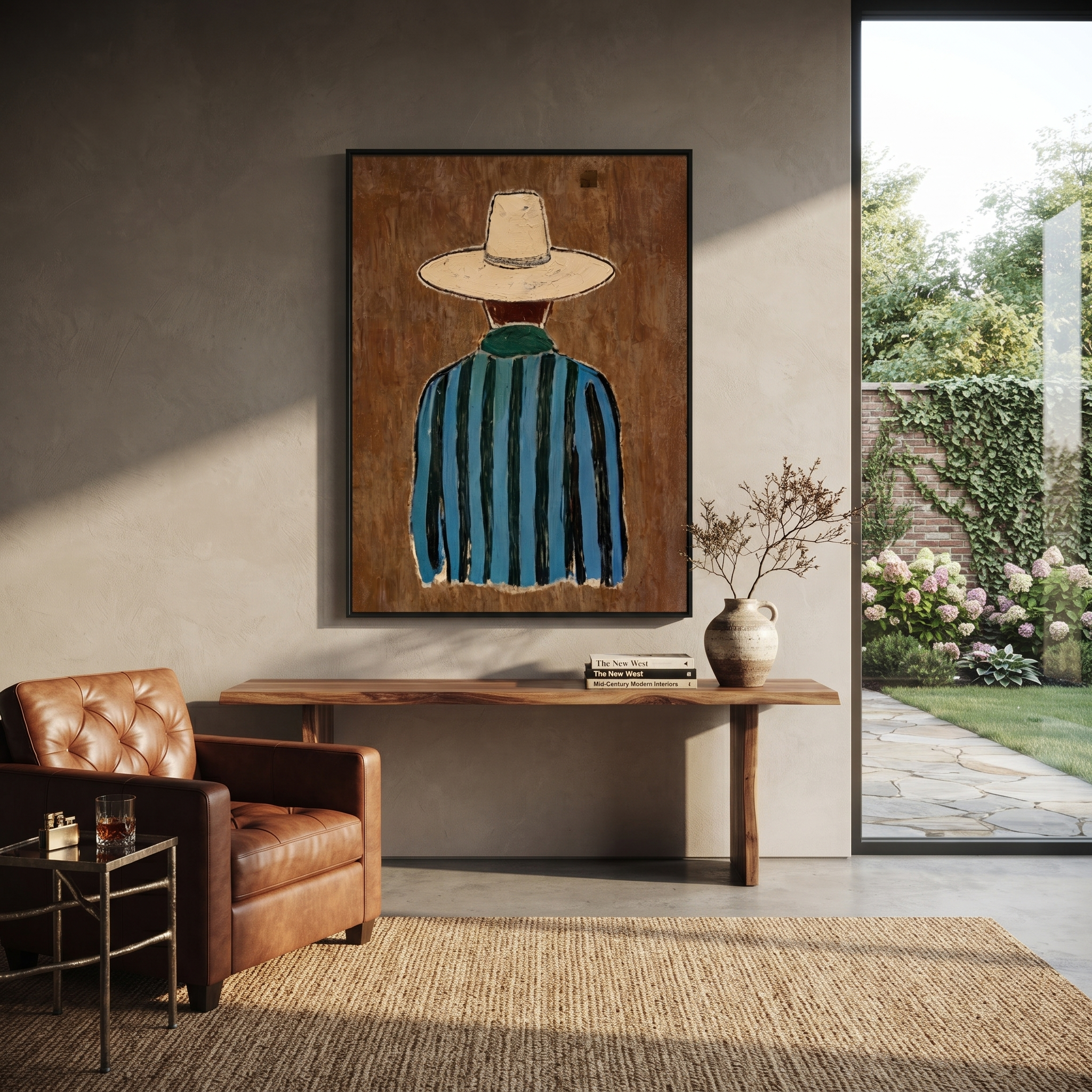 Blue Stripes Turn Away - Back View Blue Cowboy painting by Adrian Lee, mid-century modern vertical wall art – styled room scene view 2