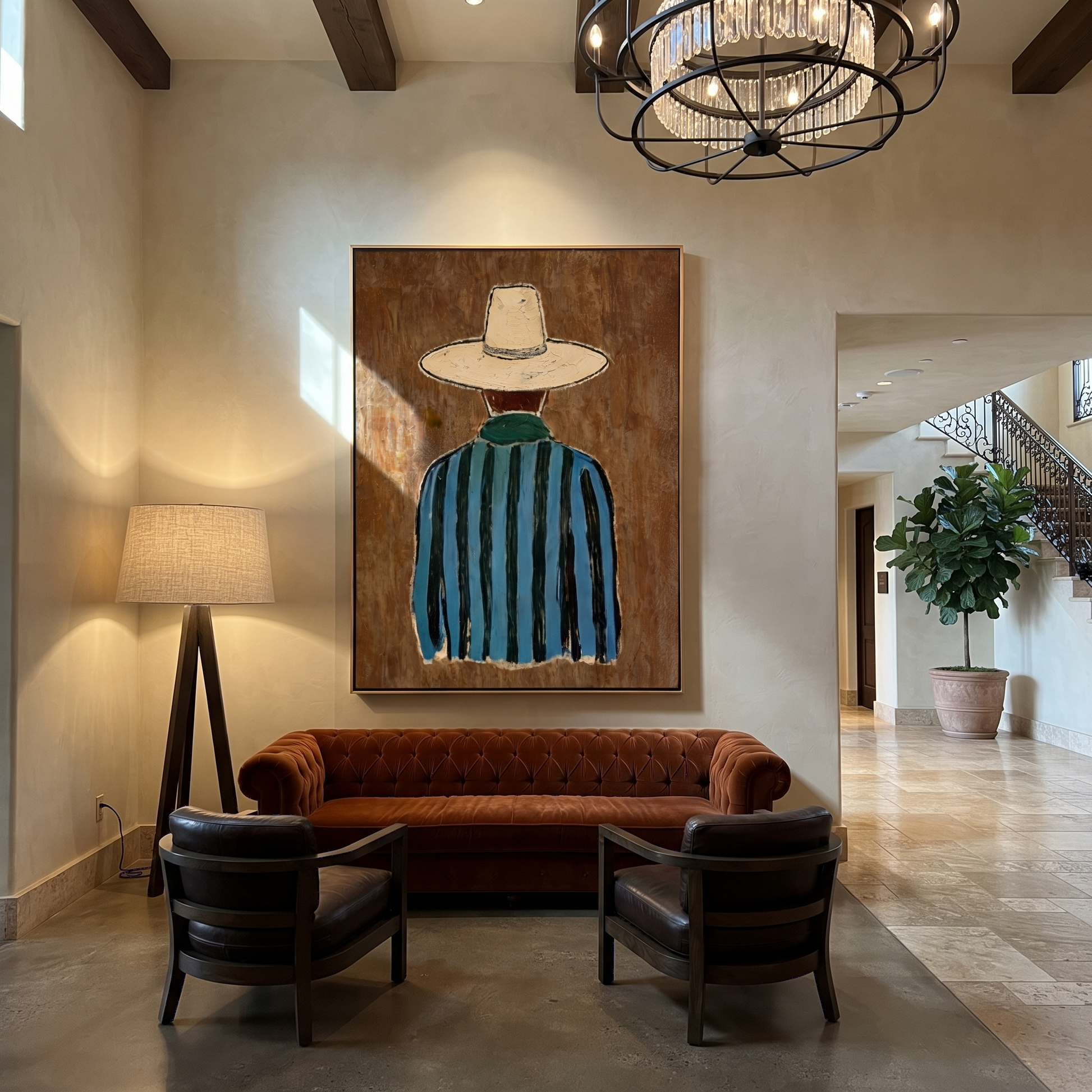 Blue Stripes Turn Away - Back View Blue Cowboy painting by Adrian Lee, mid-century modern vertical wall art – styled room scene view 3