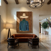 Blue Stripes Turn Away - Back View Blue Cowboy painting by Adrian Lee, mid-century modern vertical wall art – styled room scene view 3