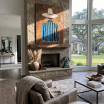 Blue Stripes Turn Away - Back View Blue Cowboy painting by Adrian Lee, mid-century modern vertical wall art – styled room scene view 4