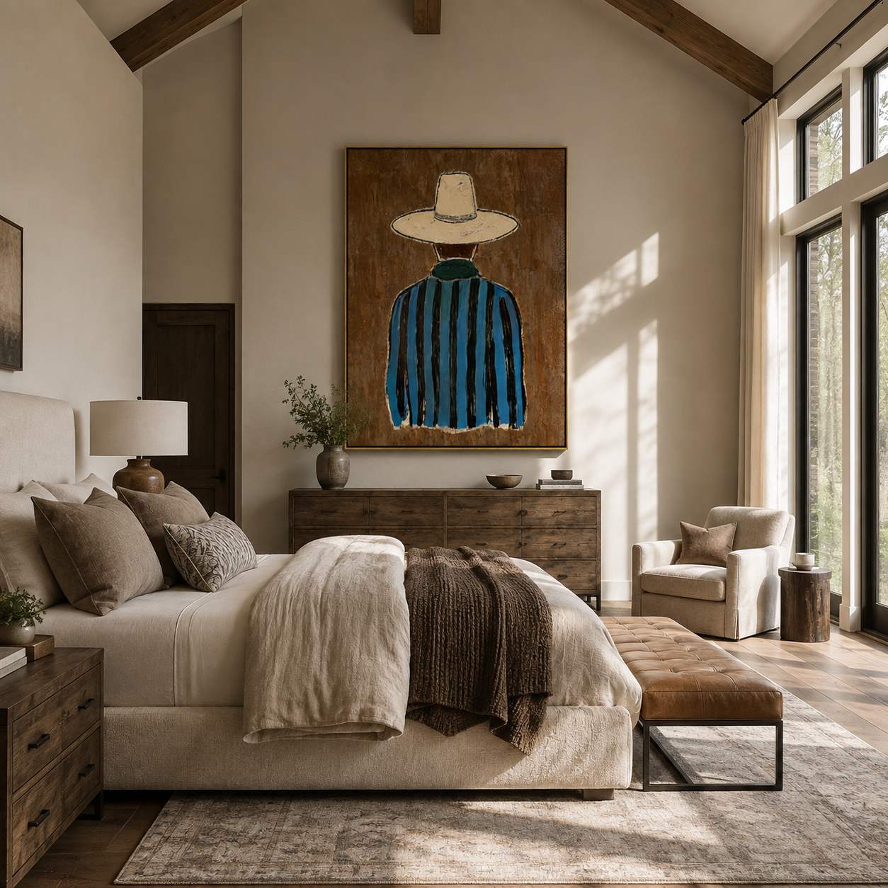 Blue Stripes Turn Away - Back View Blue Cowboy painting by Adrian Lee, mid-century modern vertical wall art – styled room scene view 5