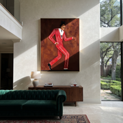 Scarlet Steps Cross Burgundy - Dancing Red Suit Figure painting by Adrian Lee, mid-century modern vertical wall art – styled room scene view 1