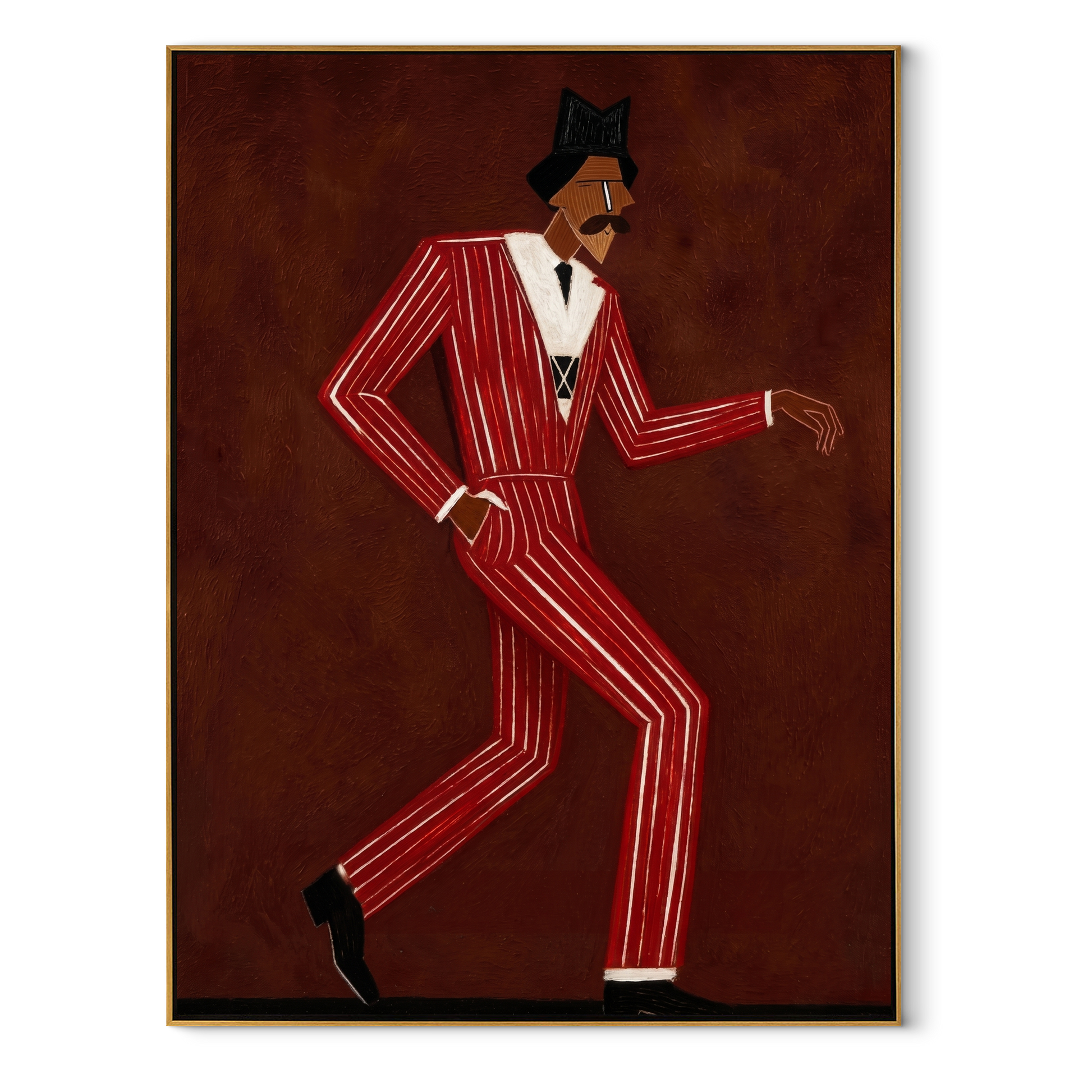 Scarlet Steps Cross Burgundy - Dancing Red Suit Figure painting by Adrian Lee, mid-century modern vertical wall art – wood frame on white background
