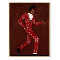 Scarlet Steps Cross Burgundy - Dancing Red Suit Figure painting by Adrian Lee, mid-century modern vertical wall art – wood frame on white background