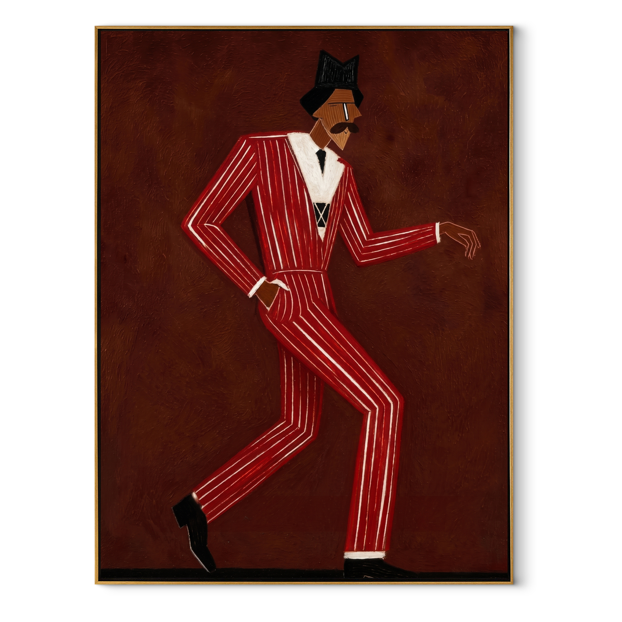 Scarlet Steps Cross Burgundy - Dancing Red Suit Figure painting by Adrian Lee, mid-century modern vertical wall art – wood frame on white background