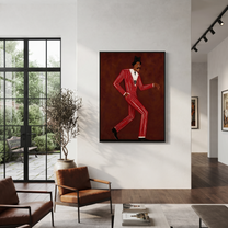 Scarlet Steps Cross Burgundy - Dancing Red Suit Figure painting by Adrian Lee, mid-century modern vertical wall art – styled room scene view 2