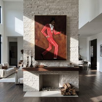 Scarlet Steps Cross Burgundy - Dancing Red Suit Figure painting by Adrian Lee, mid-century modern vertical wall art – styled room scene view 3