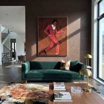 Scarlet Steps Cross Burgundy - Dancing Red Suit Figure painting by Adrian Lee, mid-century modern vertical wall art – styled room scene view 4