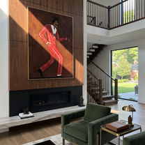 Scarlet Steps Cross Burgundy - Dancing Red Suit Figure painting by Adrian Lee, mid-century modern vertical wall art – styled room scene view 5