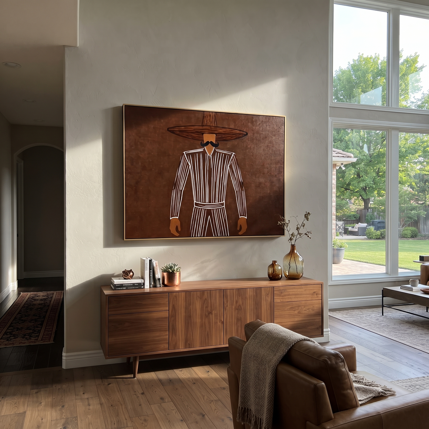 Dark Lines Hold Burgundy - Outlined Hat Figure painting by Adrian Lee, mid-century modern horizontal wall art – styled room scene view 1