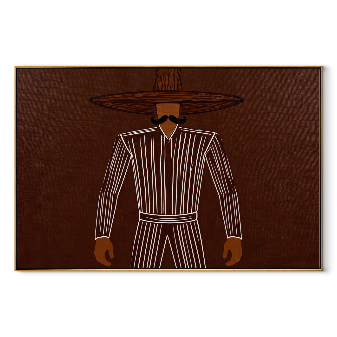 Dark Lines Hold Burgundy - Outlined Hat Figure painting by Adrian Lee, mid-century modern horizontal wall art – wood frame on white background