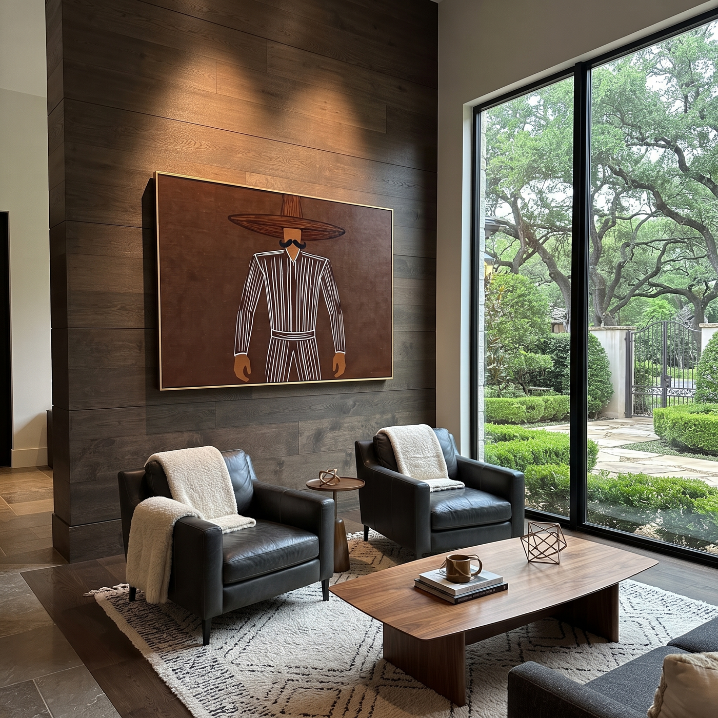 Dark Lines Hold Burgundy - Outlined Hat Figure painting by Adrian Lee, mid-century modern horizontal wall art – styled room scene view 2