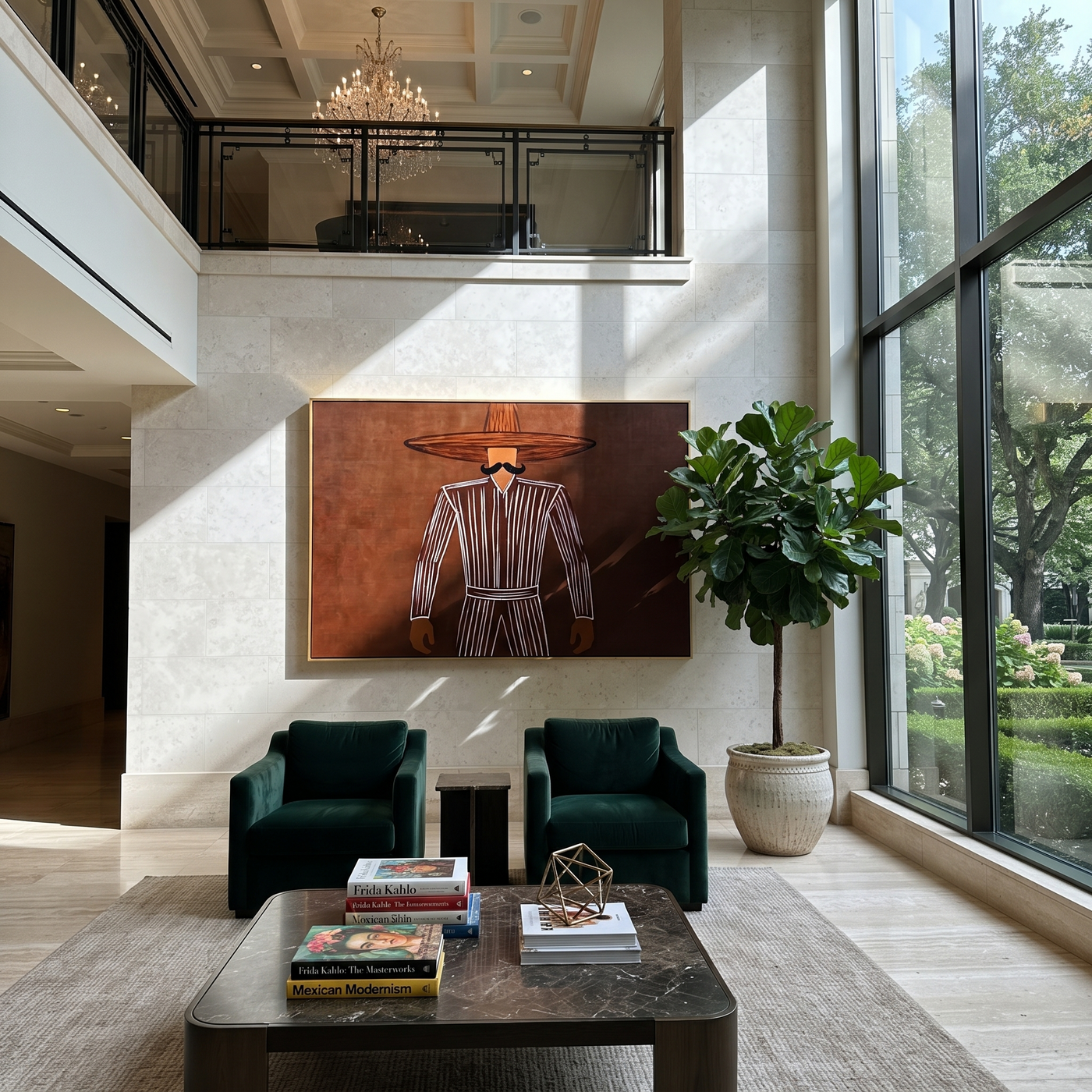 Dark Lines Hold Burgundy - Outlined Hat Figure painting by Adrian Lee, mid-century modern horizontal wall art – styled room scene view 3