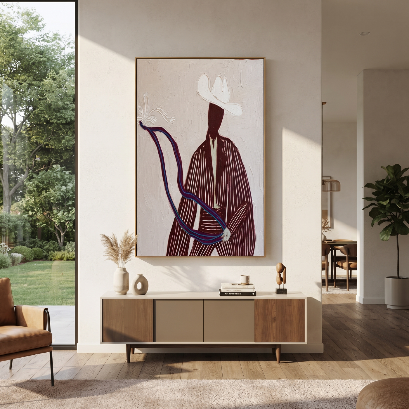 White Rider Draws a Curve - White Hat Horse Figure painting by Adrian Lee, mid-century modern vertical wall art – styled room scene view 1
