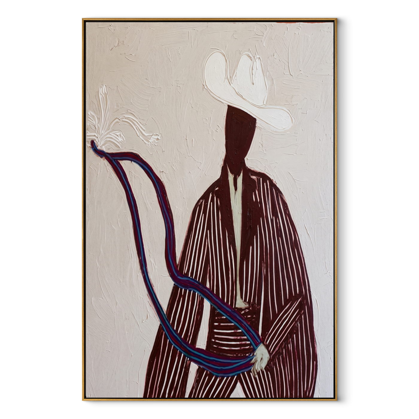 White Rider Draws a Curve - White Hat Horse Figure painting by Adrian Lee, mid-century modern vertical wall art – wood frame on white background