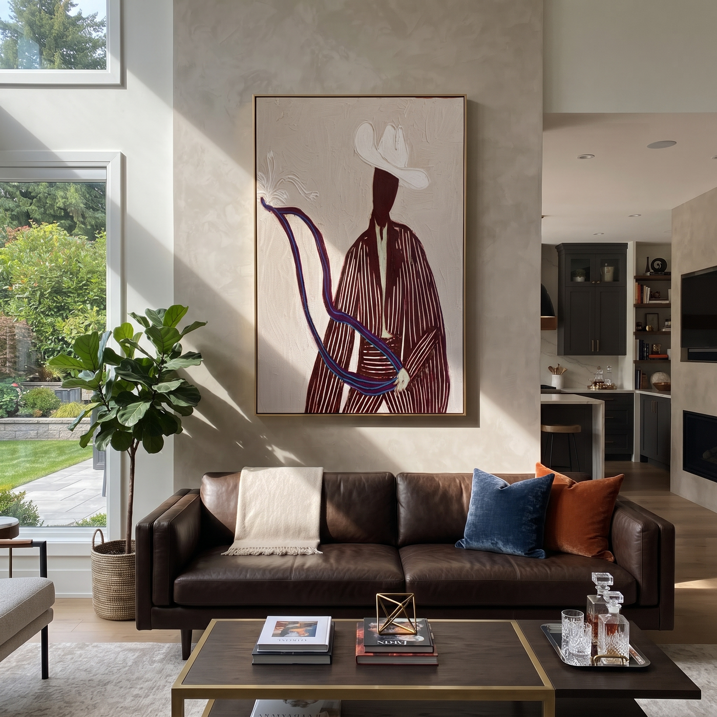 White Rider Draws a Curve - White Hat Horse Figure painting by Adrian Lee, mid-century modern vertical wall art – styled room scene view 2