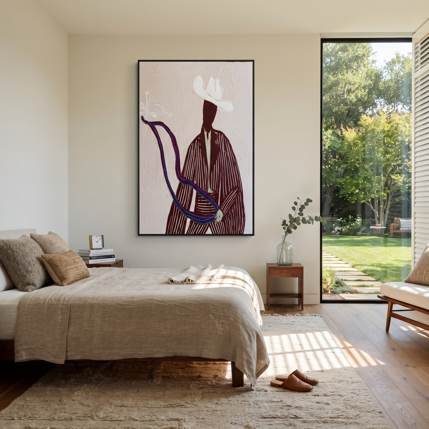 White Rider Draws a Curve - White Hat Horse Figure painting by Adrian Lee, mid-century modern vertical wall art – styled room scene view 3
