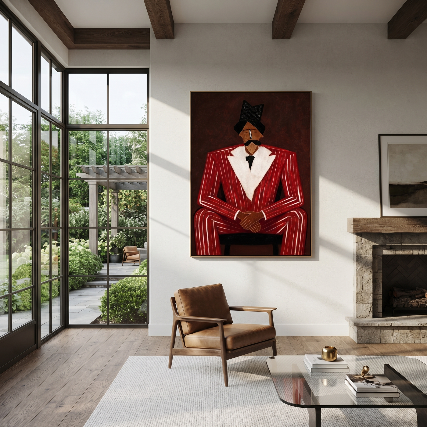 Scarlet Suit Sits in Judgment - Seated Red Suit Portrait painting by Adrian Lee, mid-century modern vertical wall art – styled room scene view 1