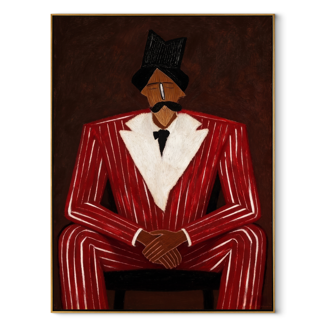Scarlet Suit Sits in Judgment - Seated Red Suit Portrait painting by Adrian Lee, mid-century modern vertical wall art – wood frame on white background