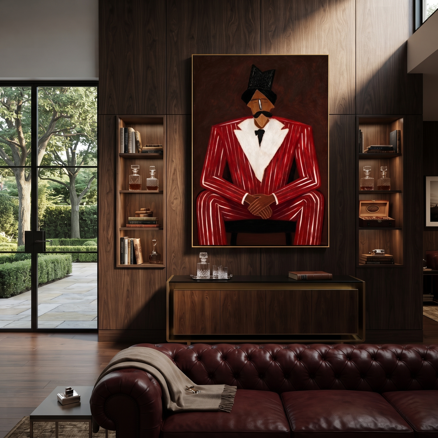 Scarlet Suit Sits in Judgment - Seated Red Suit Portrait painting by Adrian Lee, mid-century modern vertical wall art – styled room scene view 2