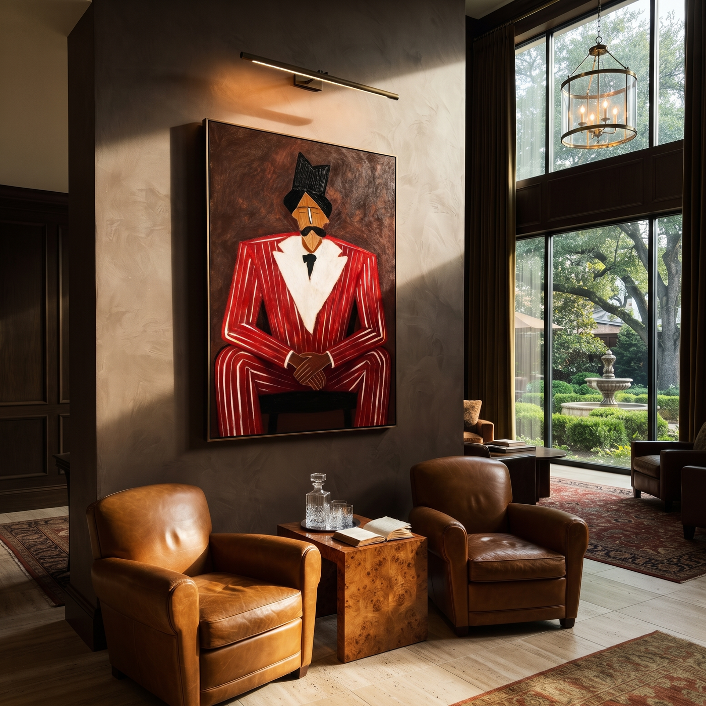 Scarlet Suit Sits in Judgment - Seated Red Suit Portrait painting by Adrian Lee, mid-century modern vertical wall art – styled room scene view 3