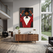 Black Crown Tips Crimson - Top Hat Red Suit Figure painting by Adrian Lee, mid-century modern vertical wall art – styled room scene view 1