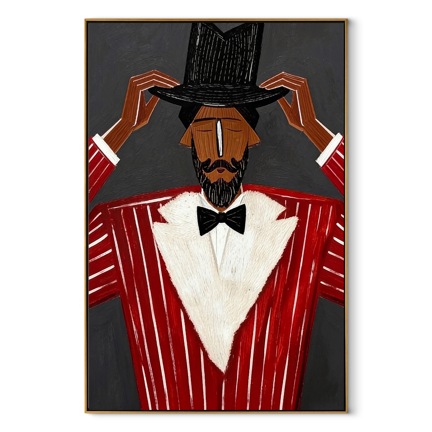 Black Crown Tips Crimson - Top Hat Red Suit Figure painting by Adrian Lee, mid-century modern vertical wall art – wood frame on white background