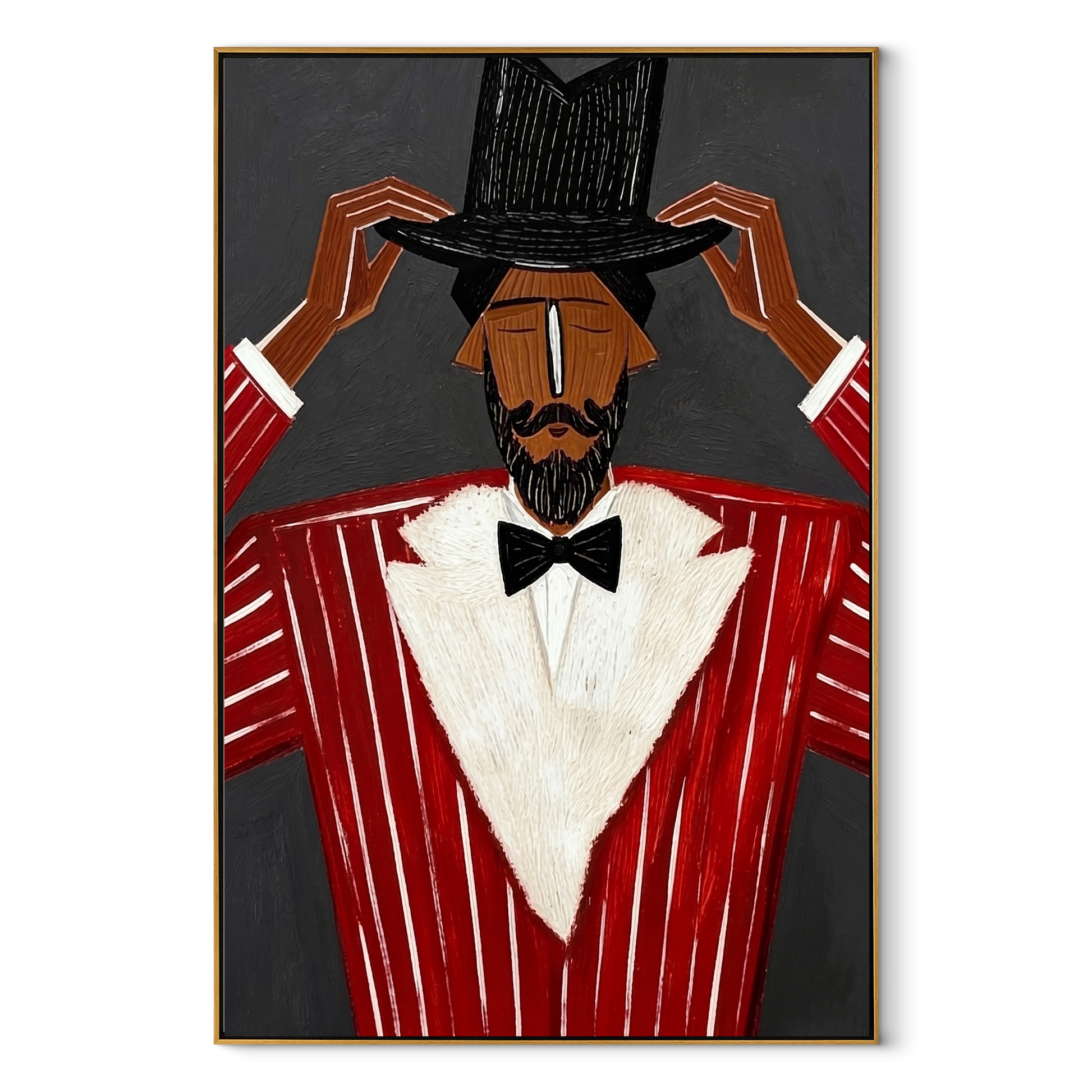 Black Crown Tips Crimson - Top Hat Red Suit Figure painting by Adrian Lee, mid-century modern vertical wall art – wood frame on white background