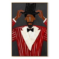 Black Crown Tips Crimson - Top Hat Red Suit Figure painting by Adrian Lee, mid-century modern vertical wall art – wood frame on white background